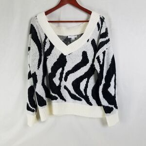 Favlux Fashion Sweater Women Small White Black Cable Knit Long Sleeve V Neck Top